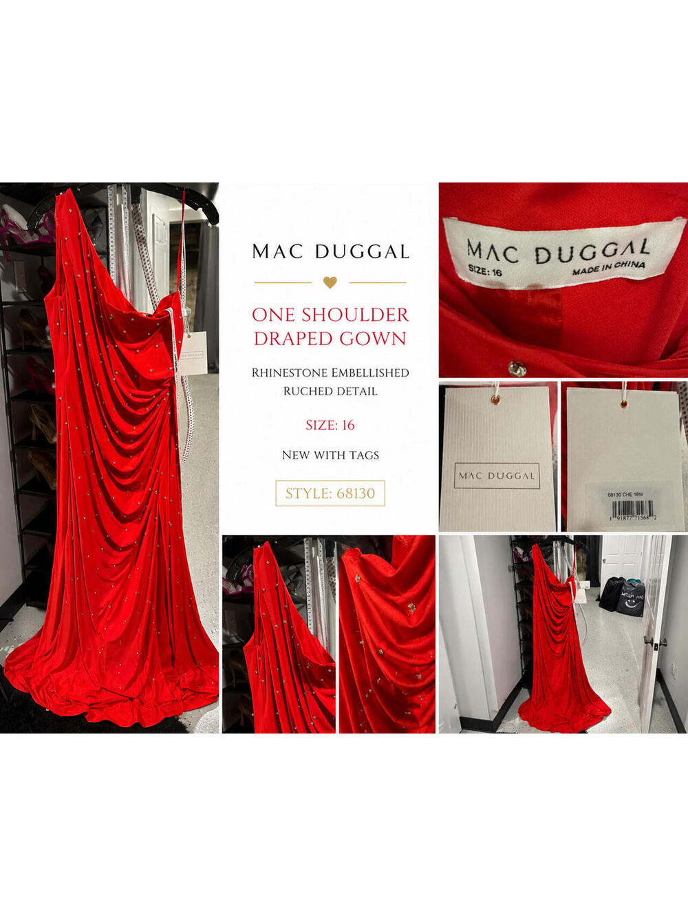 Mac Duggal Red Rhinestone Draped One Shoulder Gown Size 16 NWT Formal Dress